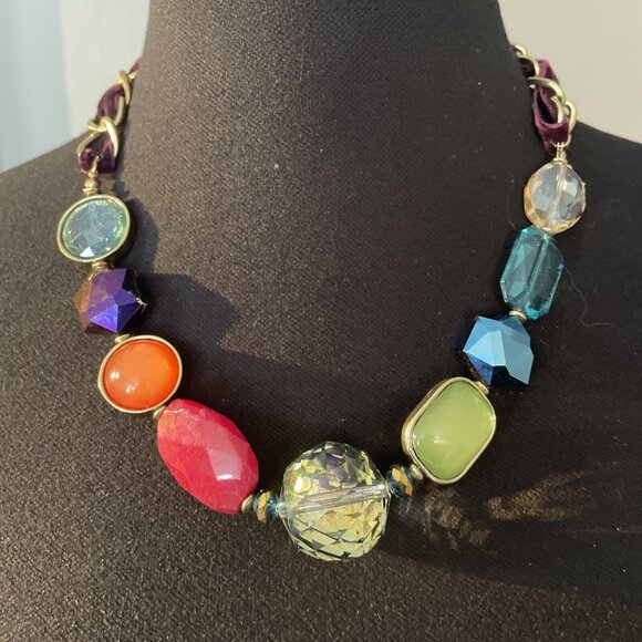 Unbranded Jewelry - Beaded Multicolored Necklace Gold Tone Mixed Materials Rainbow Statement Chain‎